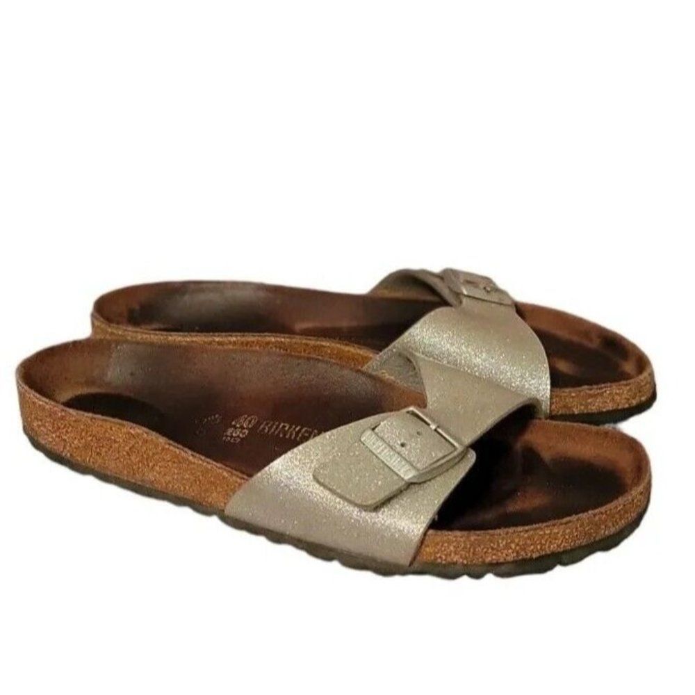 Birkenstock Shiny Silver Single Buckle Slide Sandals